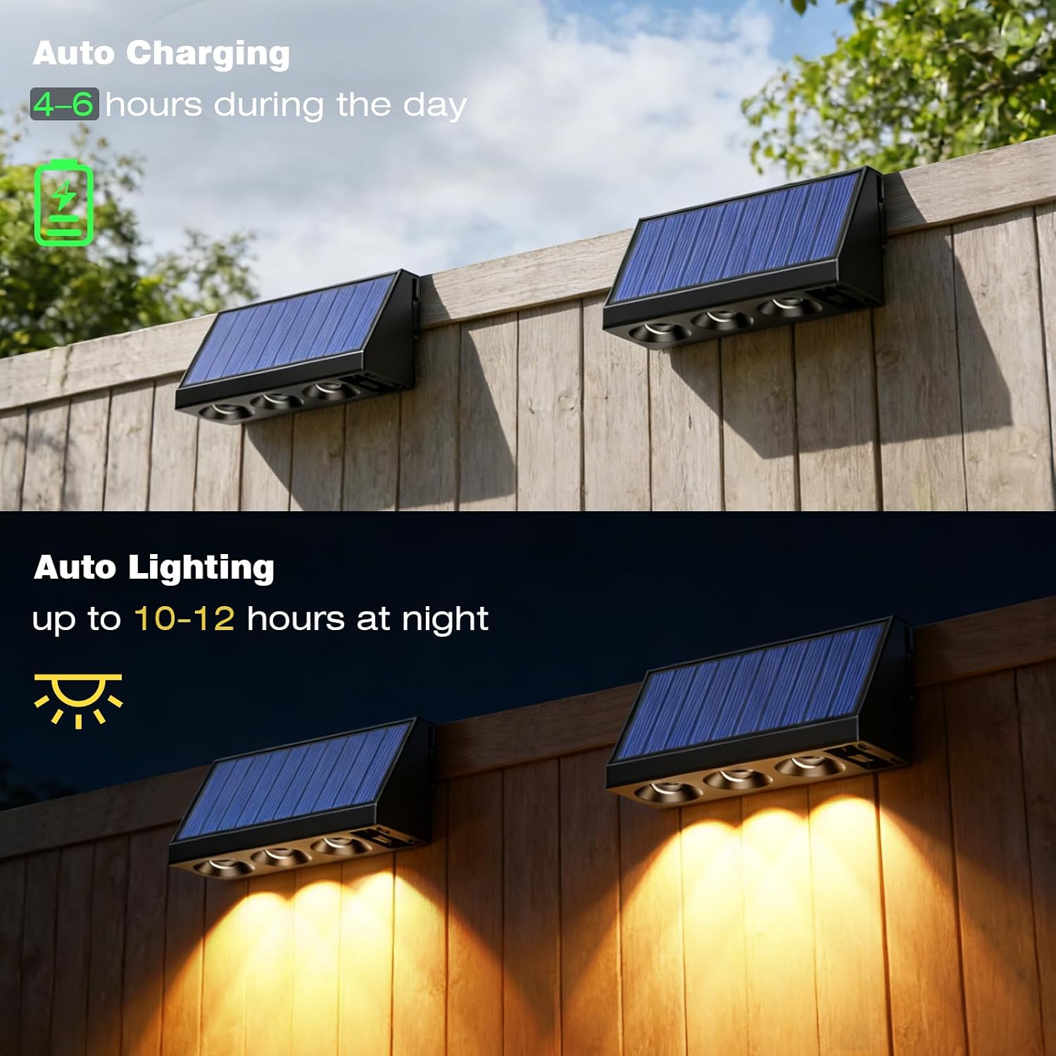 Detalle de Wudyfei Solar Fence Lights Outdoor (4 Pack) with 3LED and 3 Convex Lenses, IP65 waterproof solar wall lights