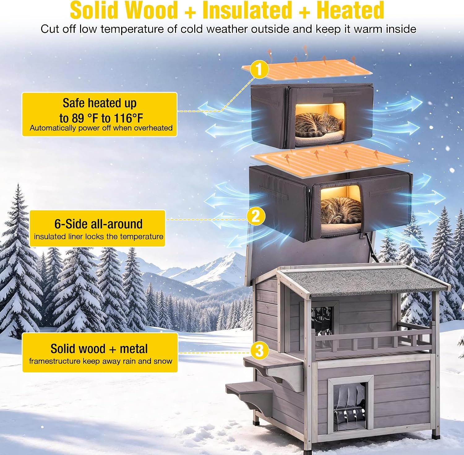 Detalle 2 de Aivituvin AIR33 Heated Outdoor Cat House, Two-Story Fir Wood with Insulation