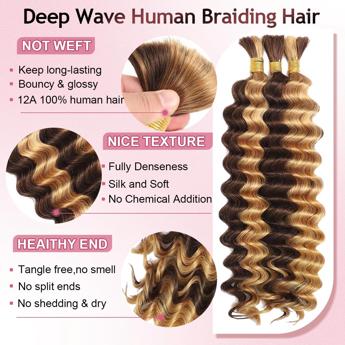 Detalle 2 de FONFUNY Human Braiding Hair 20 Inch, 120g