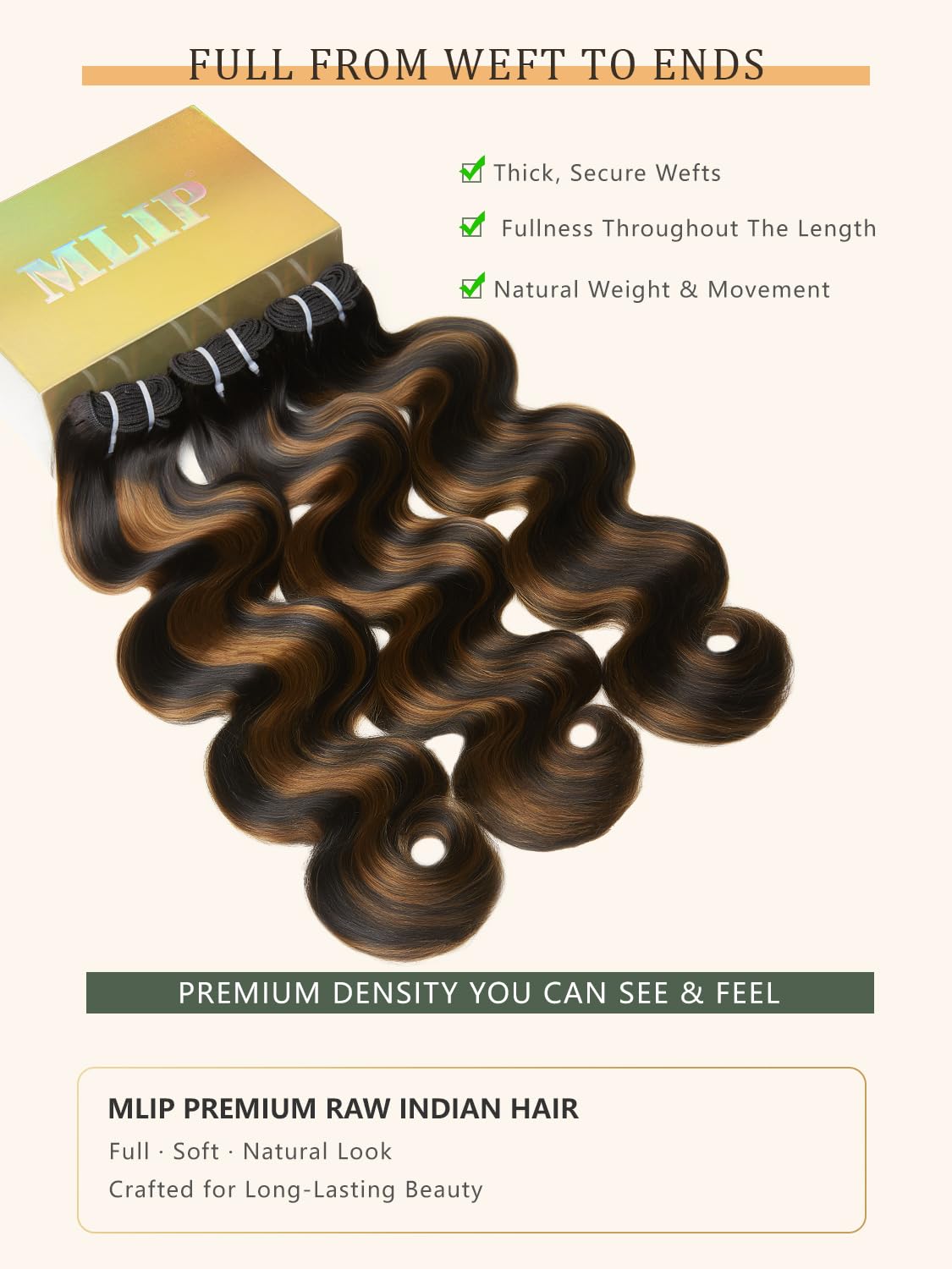 Thumbnail 1 de MLIP Raw Indian Human Hair Body Wave (3 Bundles) — 100% Unprocessed, Near-Zero Tangle & Shedding, 24–28 in