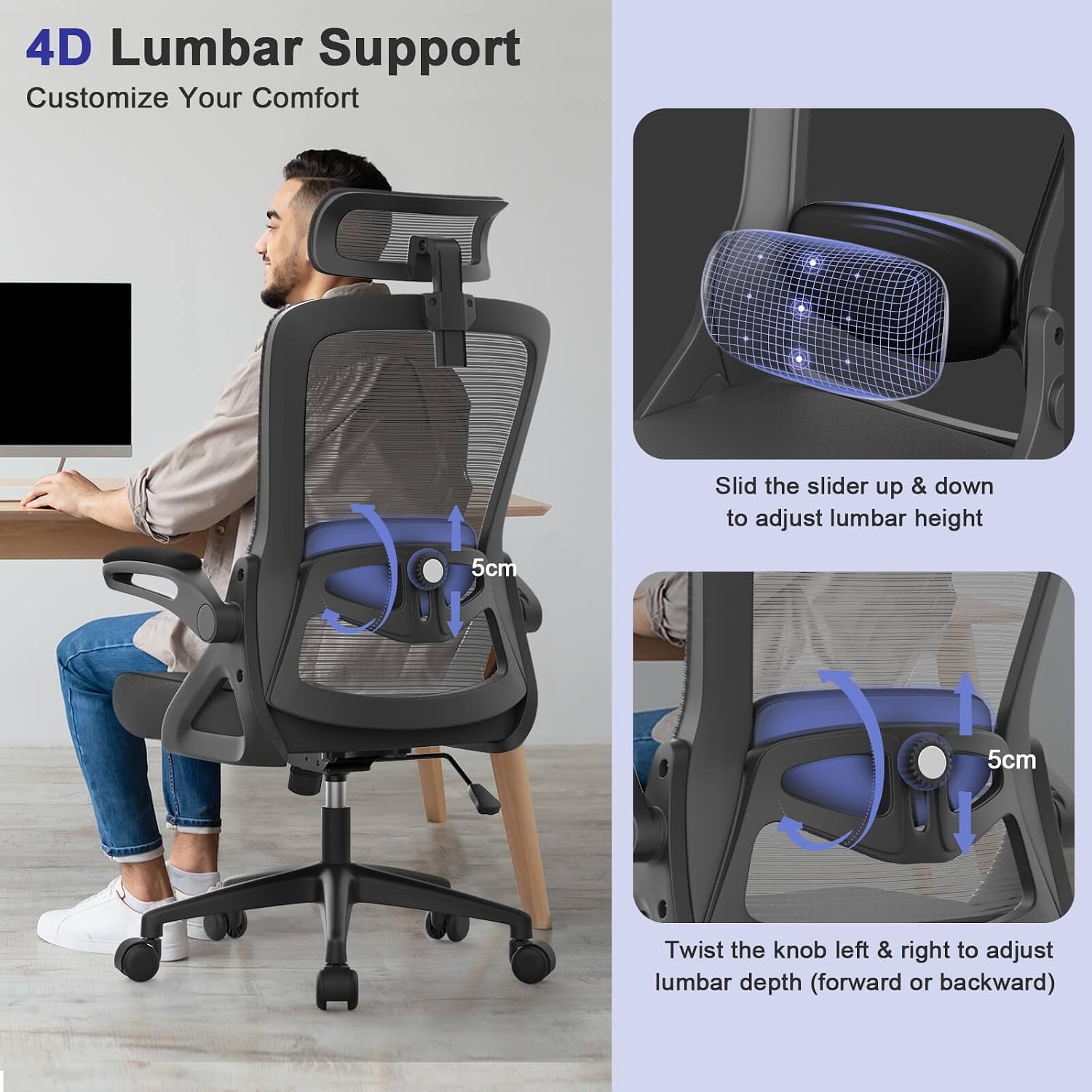 Detalle de YONISEE Ergonomic Office Chair with Lumbar Support, Adjustable Armrests and Headrests (Black)