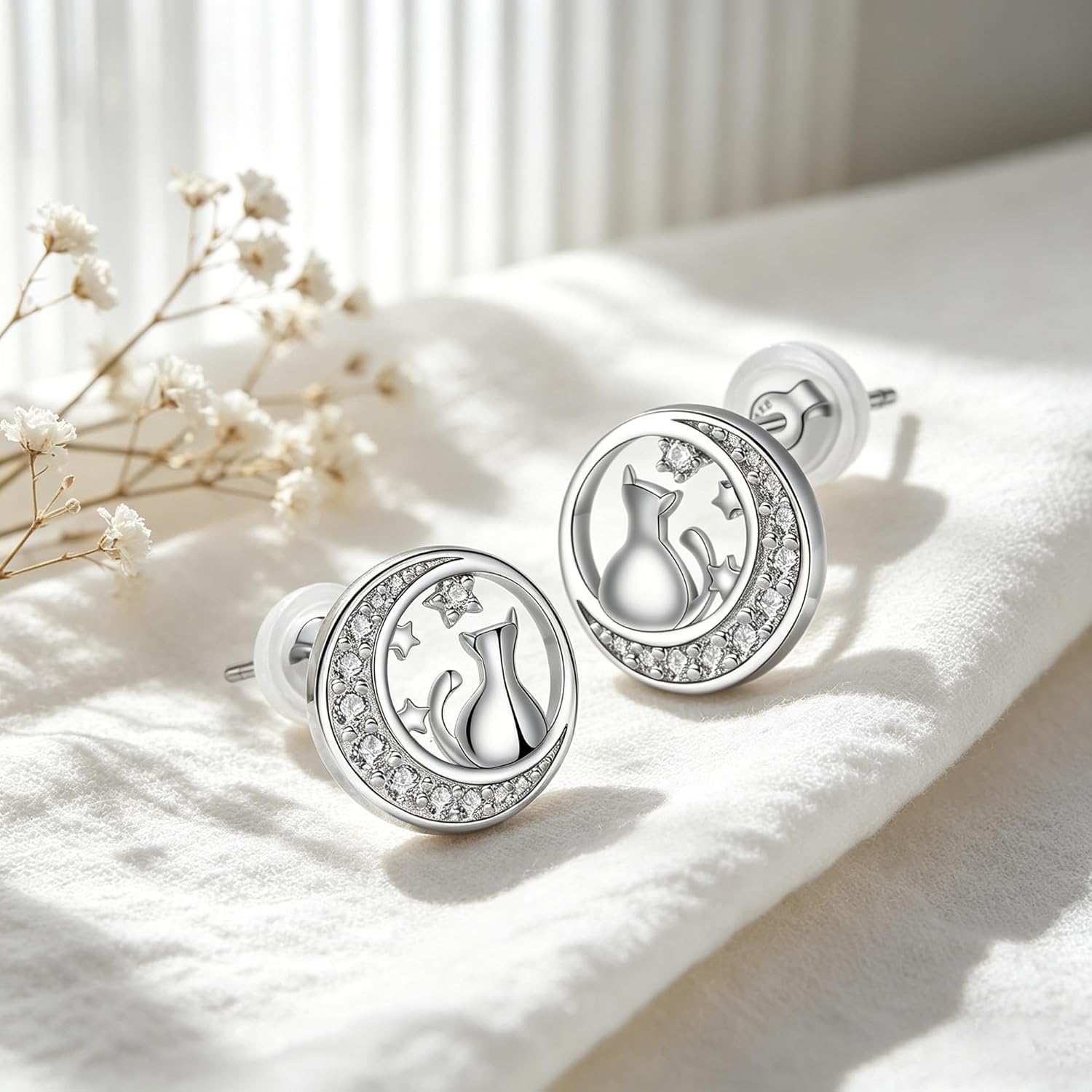Thumbnail 2 de Arrebol Boucles d'oreilles Femme Argent Sterling 925 avec Zirconium — Chaton lune, cadeau raffiné