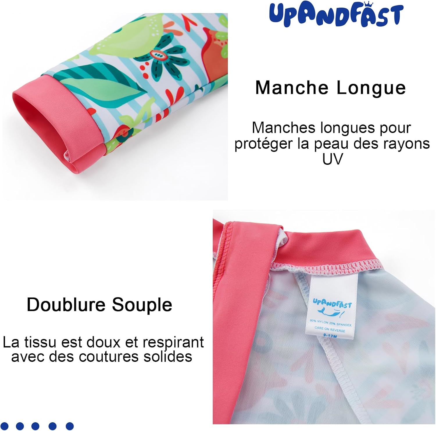 Detalle de Maillot de Bain upandfast pour bébé et enfant UPF 50+ avec boutons au bas et fermeture éclair
