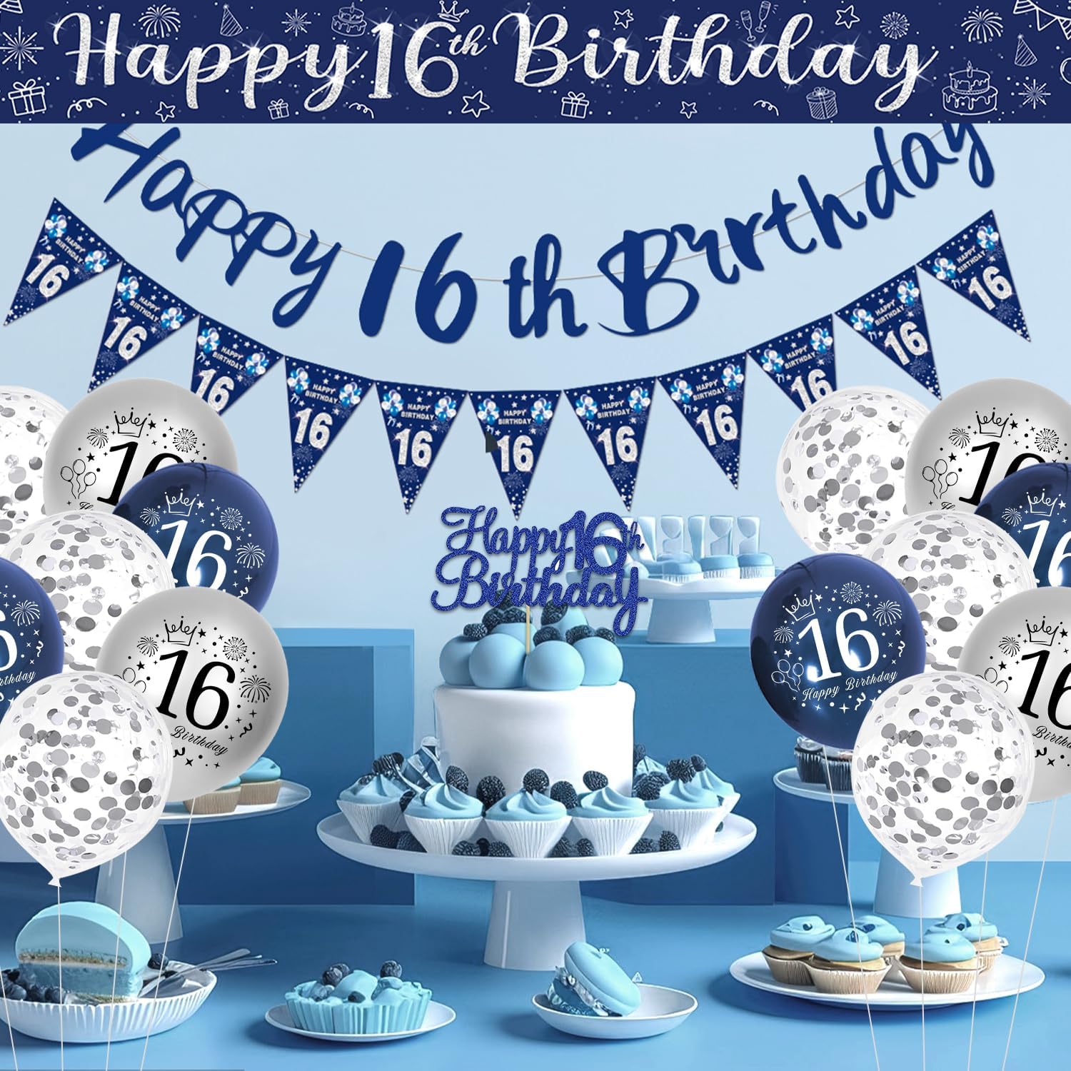 Detalle de VICTERR 16th Birthday Decorations for Boys – Blue & Silver Party Pack