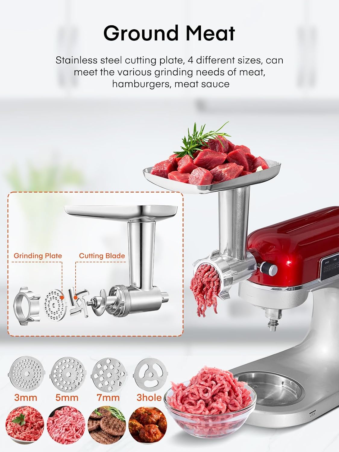 Detalle de FOHERE KA-MG vleesmolenopzetstuk voor KitchenAid, 15-delig van roestvrij staal