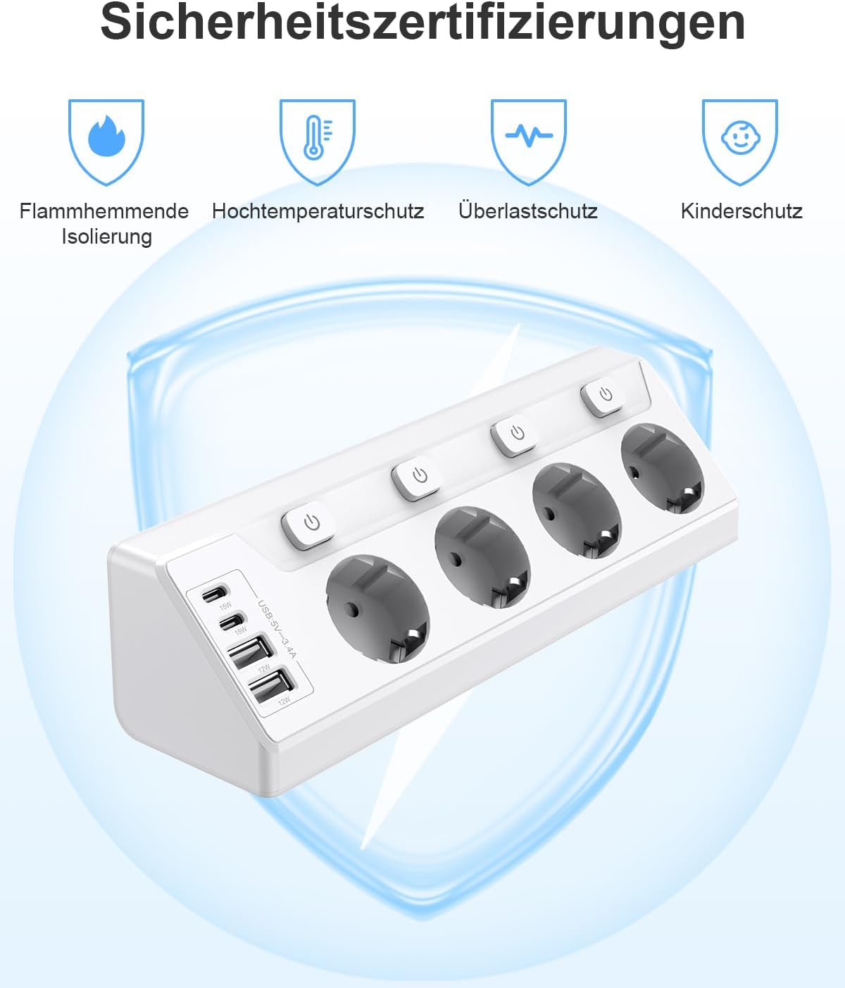 Detalle 2 de vipwell Ecksteckdose mit 4 USB (2× USB‑C, 2× USB‑A) und unabhängigen Schaltern – 90° Winkel, 4 Fach-Steckdosen