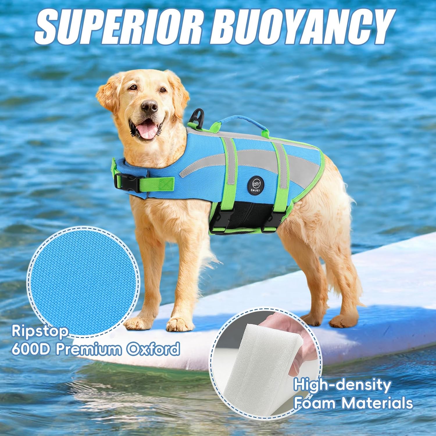 Detalle de EMUST Life Jacket for Large Dogs (Size L): High Buoyancy Vest with Double Rescue Handles and Reflective Strips