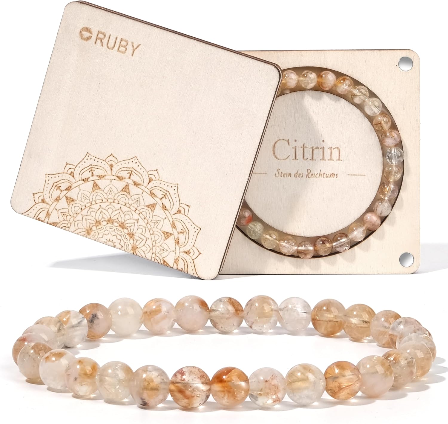 Detalle de RUBY 6mm Citrin Heilstein Armband – Handgemacht, verstellbar, Geschenkbox aus Holz