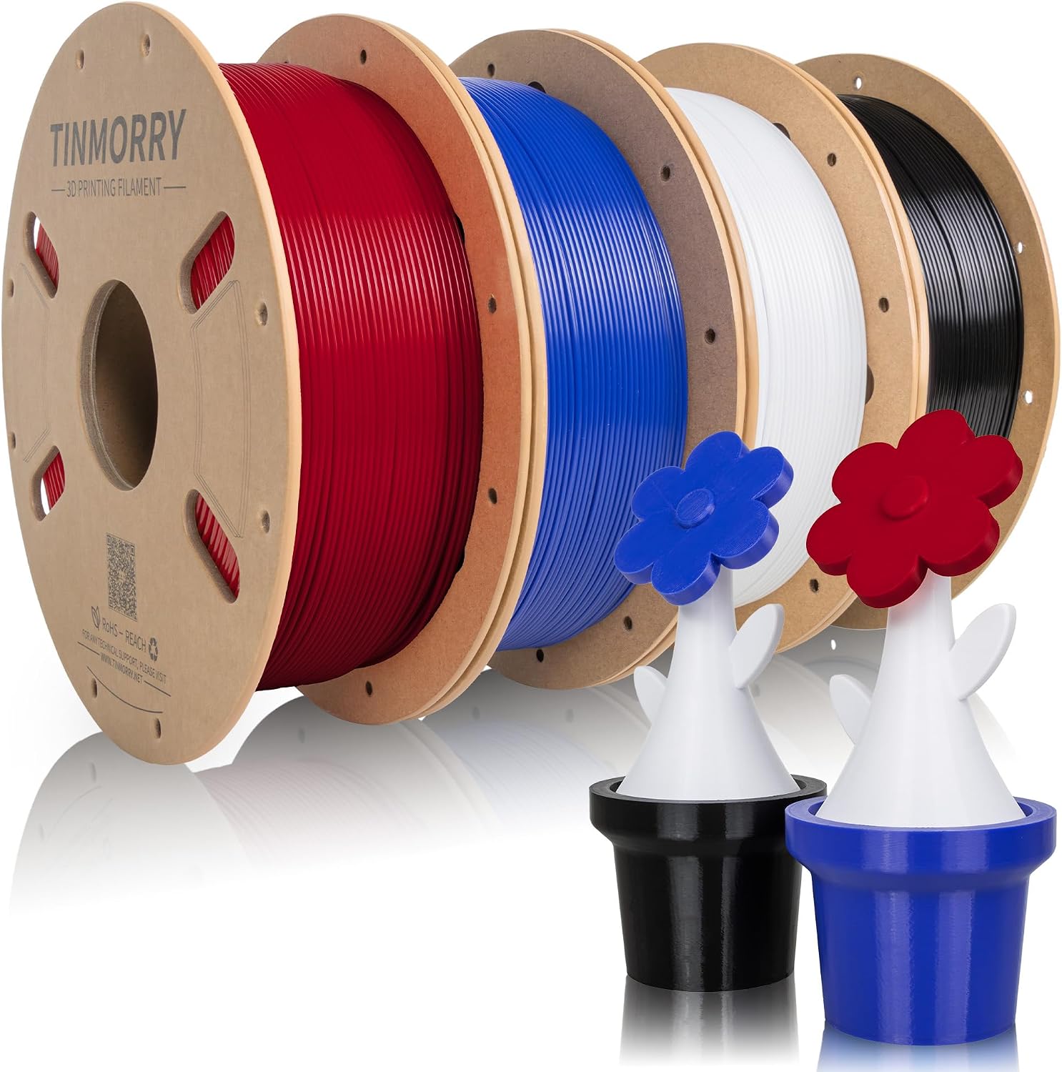 Detalle de TINMORRY PETG 3D Drucker Filament Bundle – 4 Spulen à 1 kg, 1,75 mm, Schwarz Rot Weiß Blau