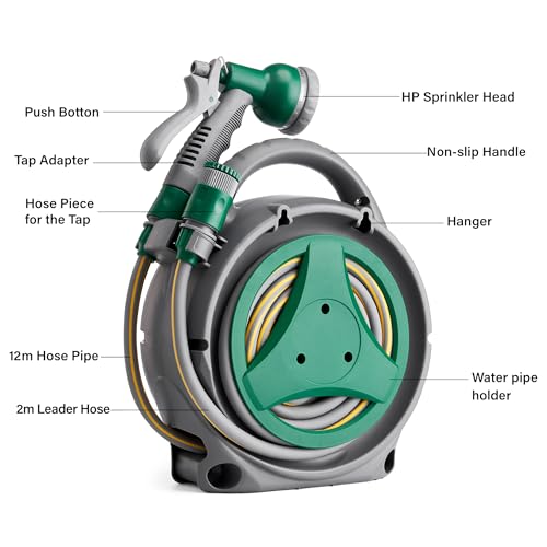 Thumbnail 3 de Greenera Garden Hose Reel 14M with 2m Leader Hose and 8-Mode Spray Gun – Manual Retractable Outdoor Reel