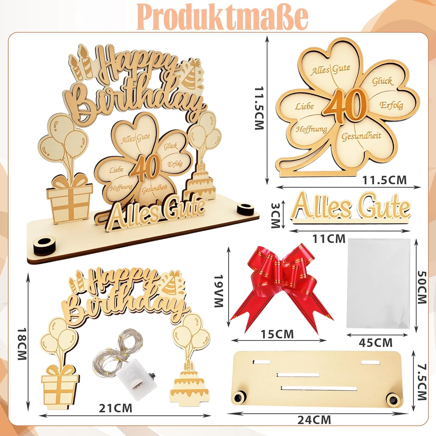 Detalle 2 de 40 Geburtstag Geldgeschenk für Männer und Frauen – personalisierte Holzdekoration mit 3D Glückskleeblatt, LED-Beleuchtung und verpacktem Geldgeschenk