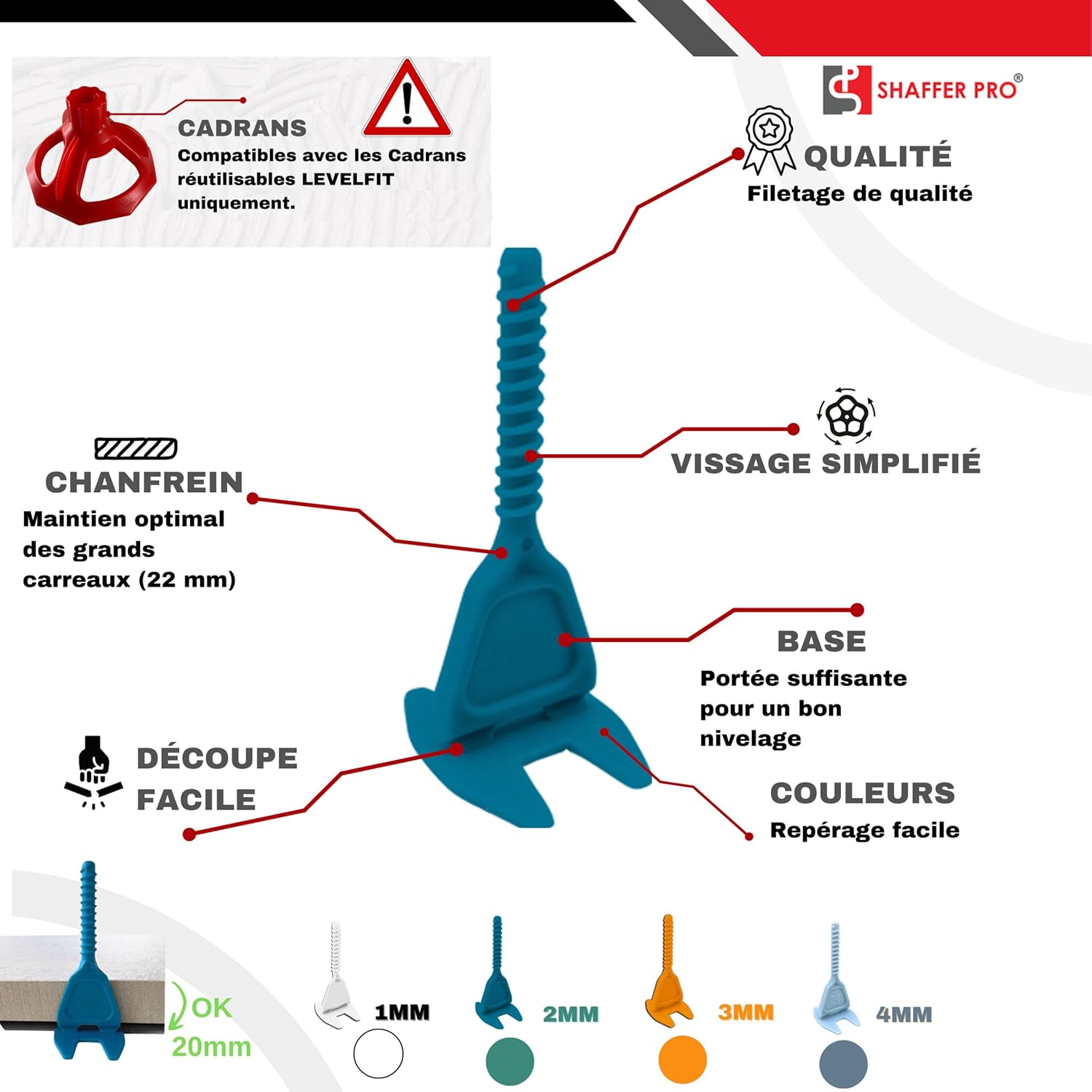 Detalle de Croisillons carrelage autonivelant SHAFFER PRO 2 mm | 200 clips + 100 cœurs réutilisables (3 à 22 mm)