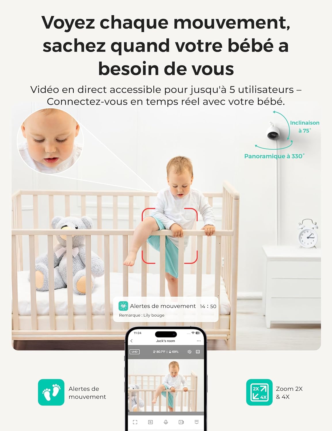 Thumbnail 1 de Dr.Care Babyphone avec application téléphone, WiFi, écran 4“ et 2 caméras (1080P/écran divisé 720P)
