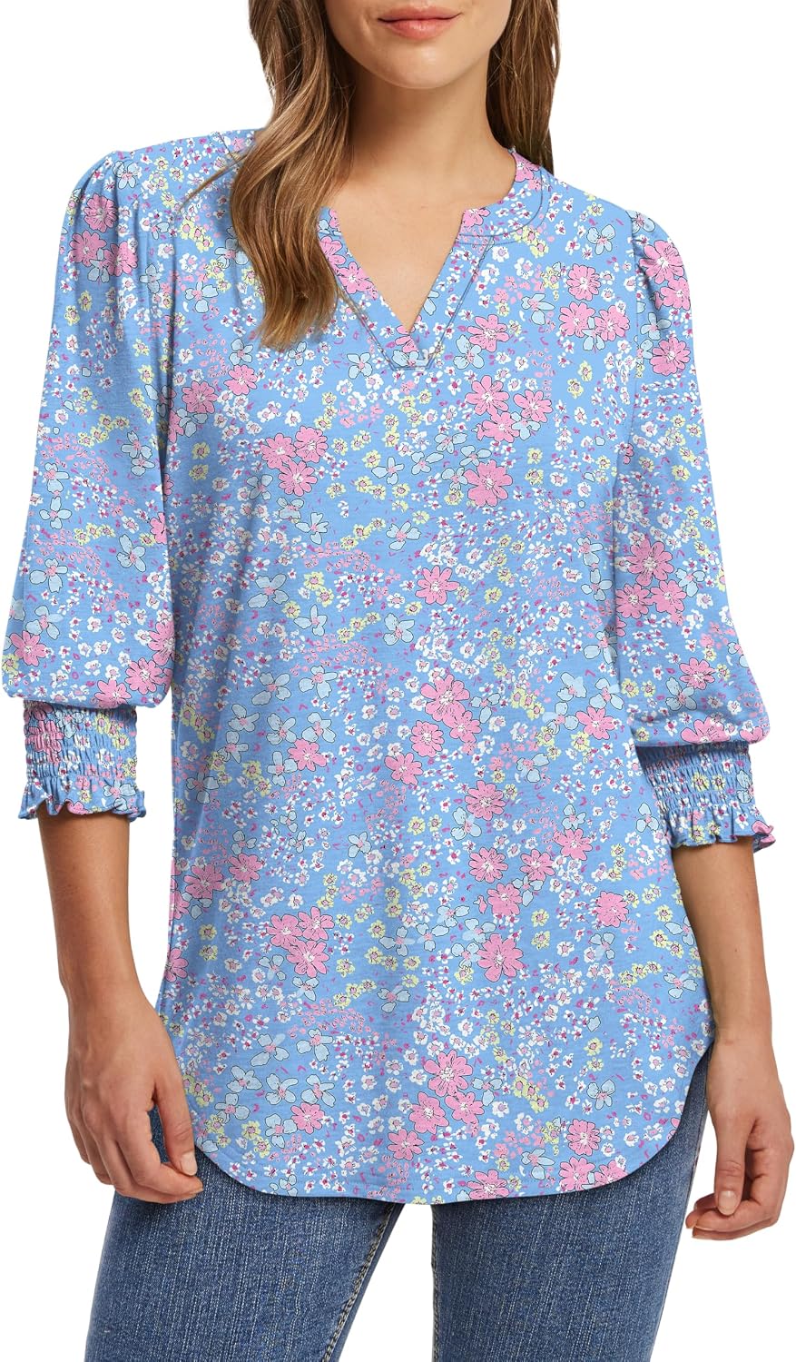 Detalle 2 de Aokosor Women's 3/4 Sleeve V-Neck Puff Sleeve Blouse — Office-Ready Tunic
