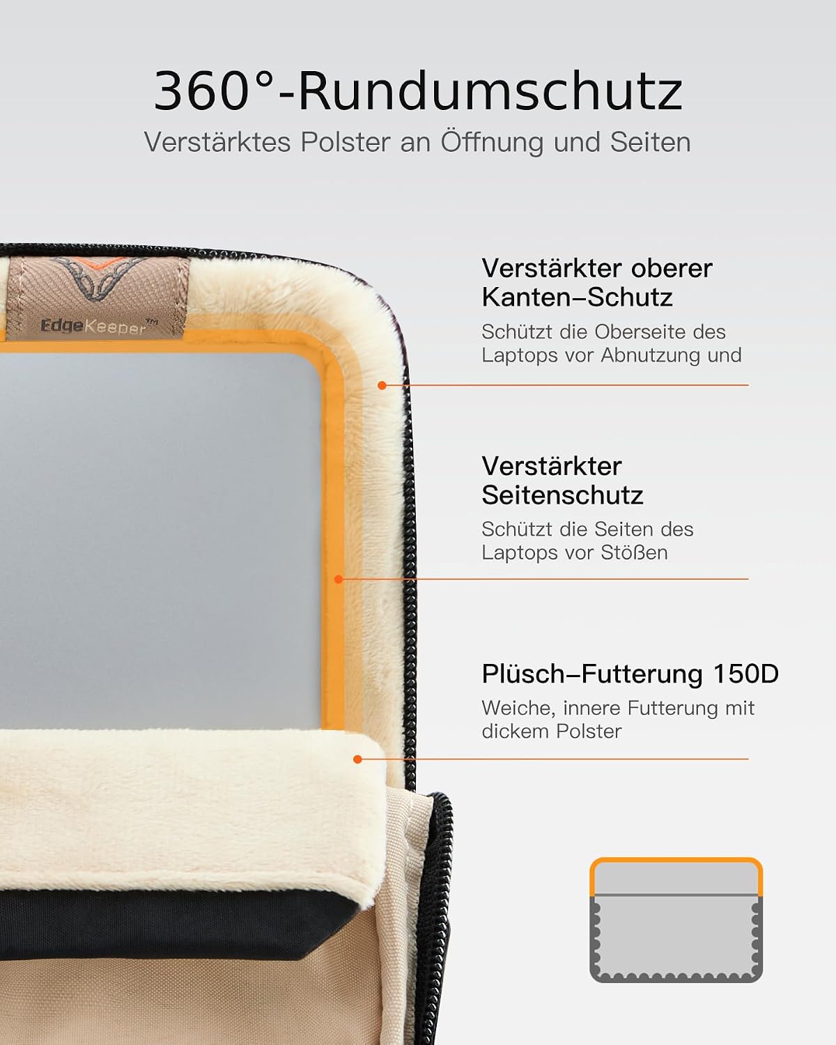 Detalle 2 de Inateck 360° Schutz Laptop-Hülle für 13-Zoll (u. a. MacBook Air/Pro, A-Modelle) – Großvolumen-Sleeve