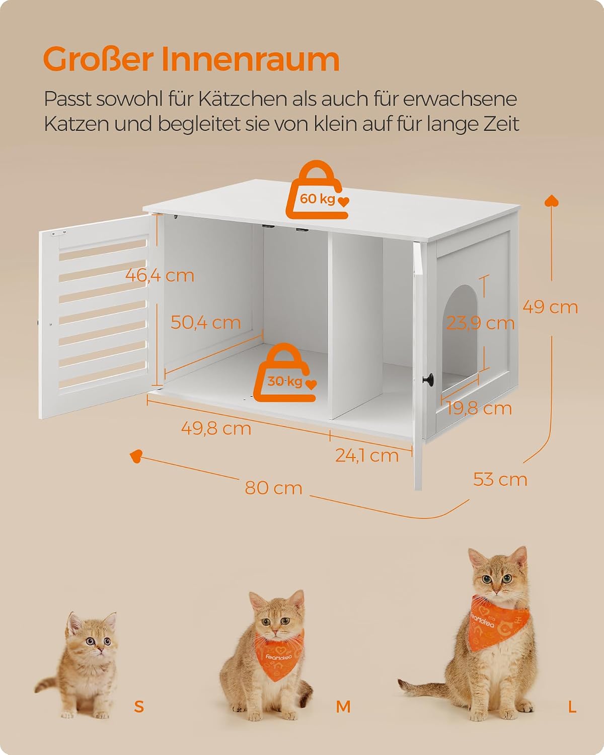 Detalle de Feandrea Katzenklo-Schrank, Katzenhaus mit Lamellentüren – wolkenweiß, 80 x 53 x 49 cm