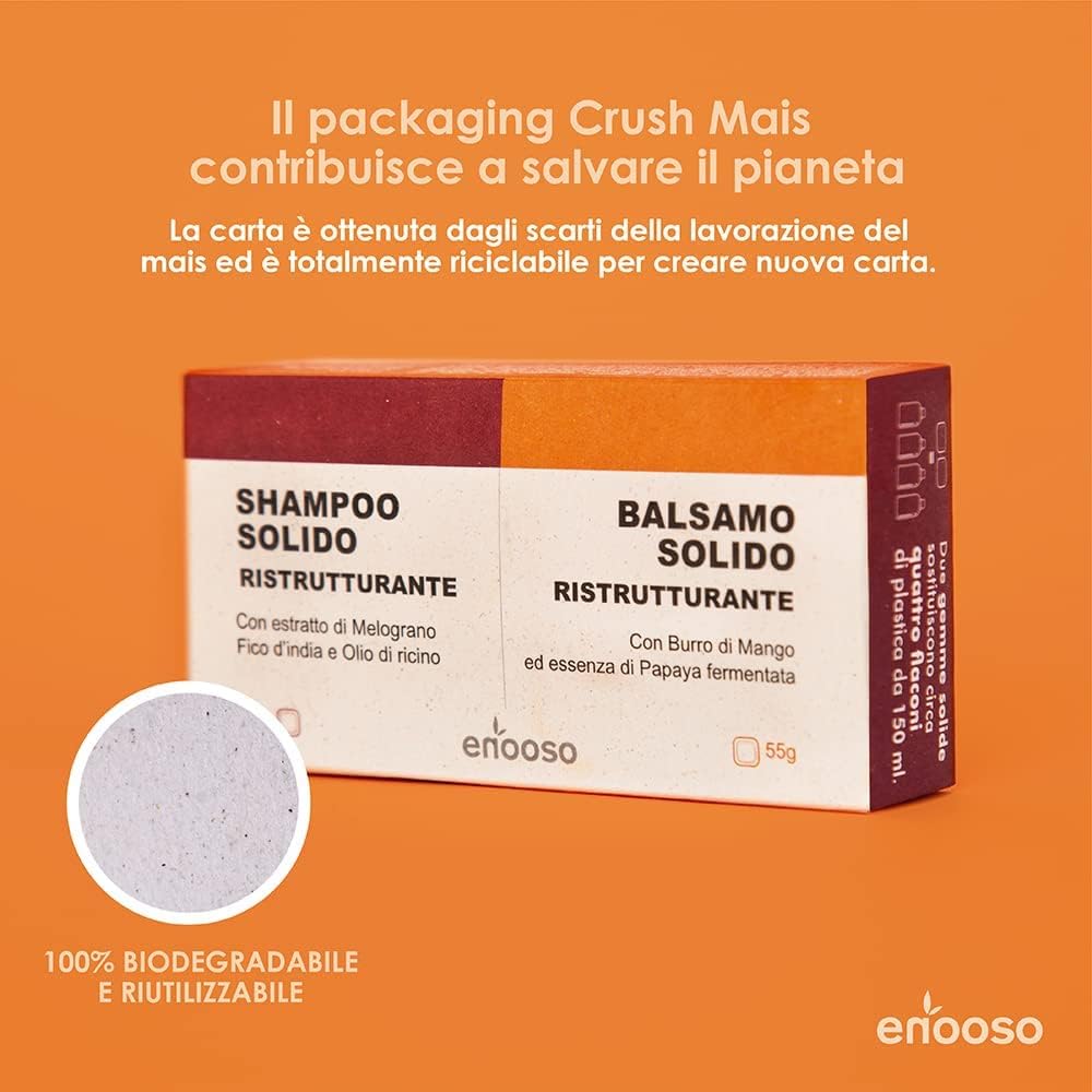 Detalle de Enooso Set Shampoo Solido e Balsamo Naturale e Ristrutturante per Capelli Danneggiati – Mango e Papaya, 120 g
