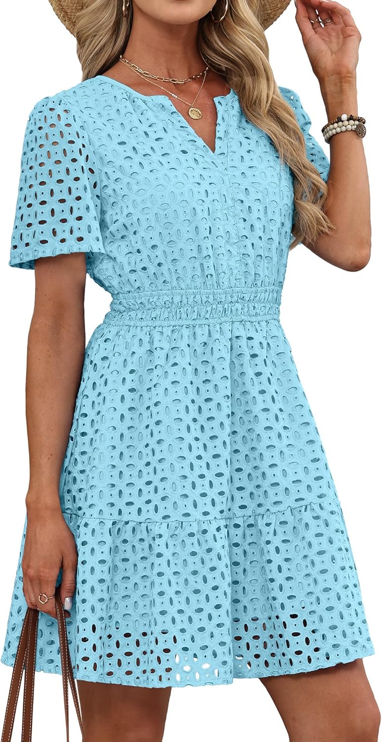Thumbnail 6 de RUMIA Women's Dresses 2026 Summer V-Neck Eyelet Lace A-Line Short Dress