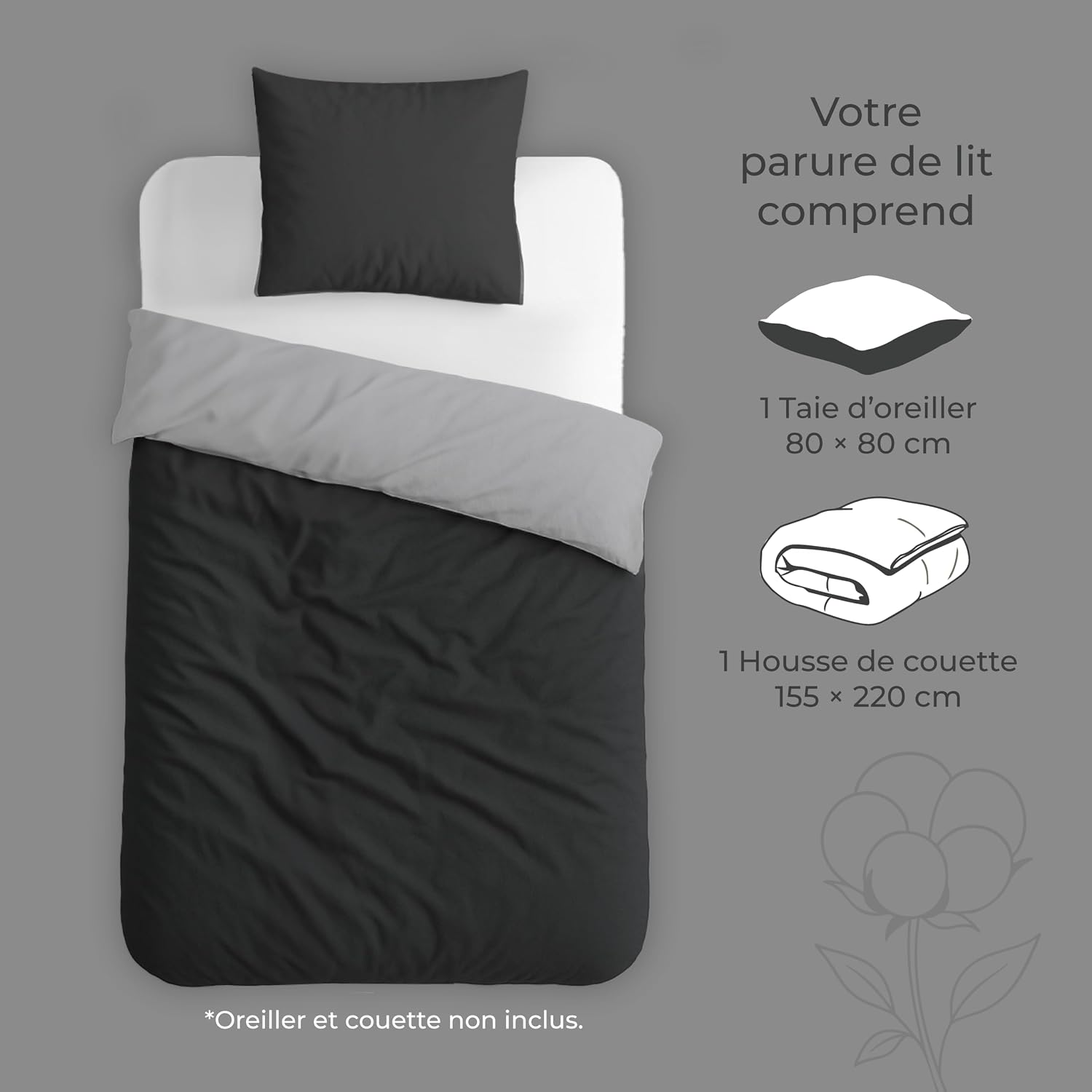 Thumbnail 6 de Parure Dreamzie en coton 200x200 réversible gris foncé (3 pièces) avec housse de couette bicolore