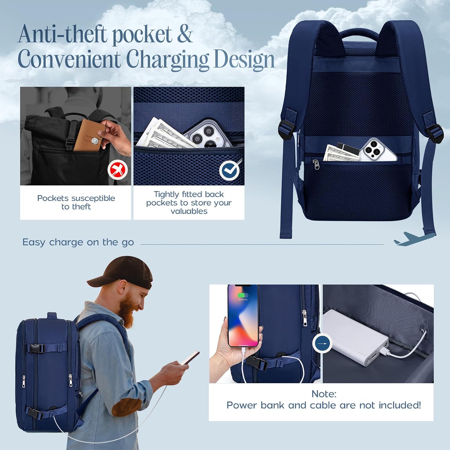 Detalle 2 de Xkdoai cabin bag backpack for Easyjet (45 x 36 x 20cm) with TSA-style clear toiletry bag