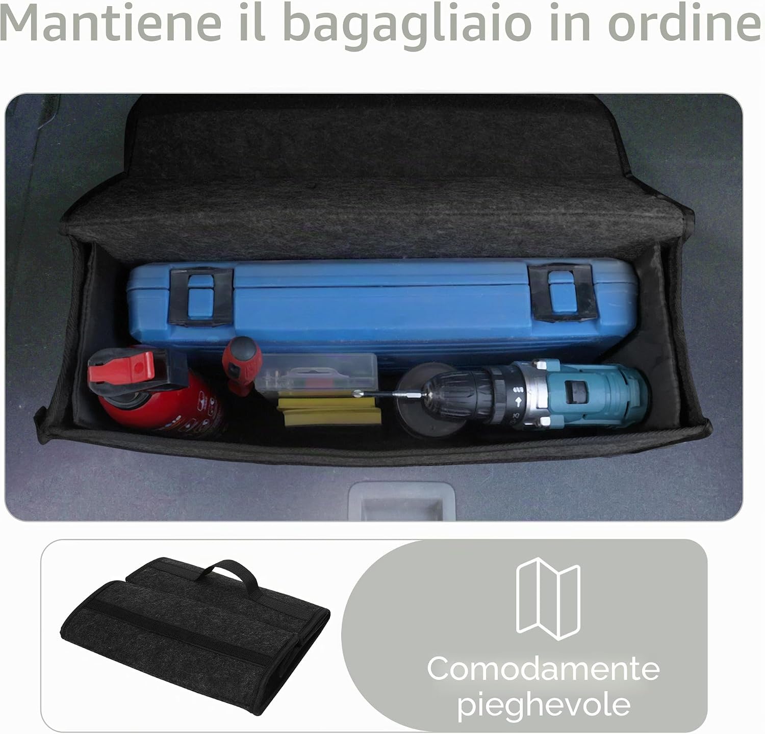 Detalle 2 de Einesin Borsa organizer per bagagliaio auto con pannelli laterali rinforzati in feltro nero