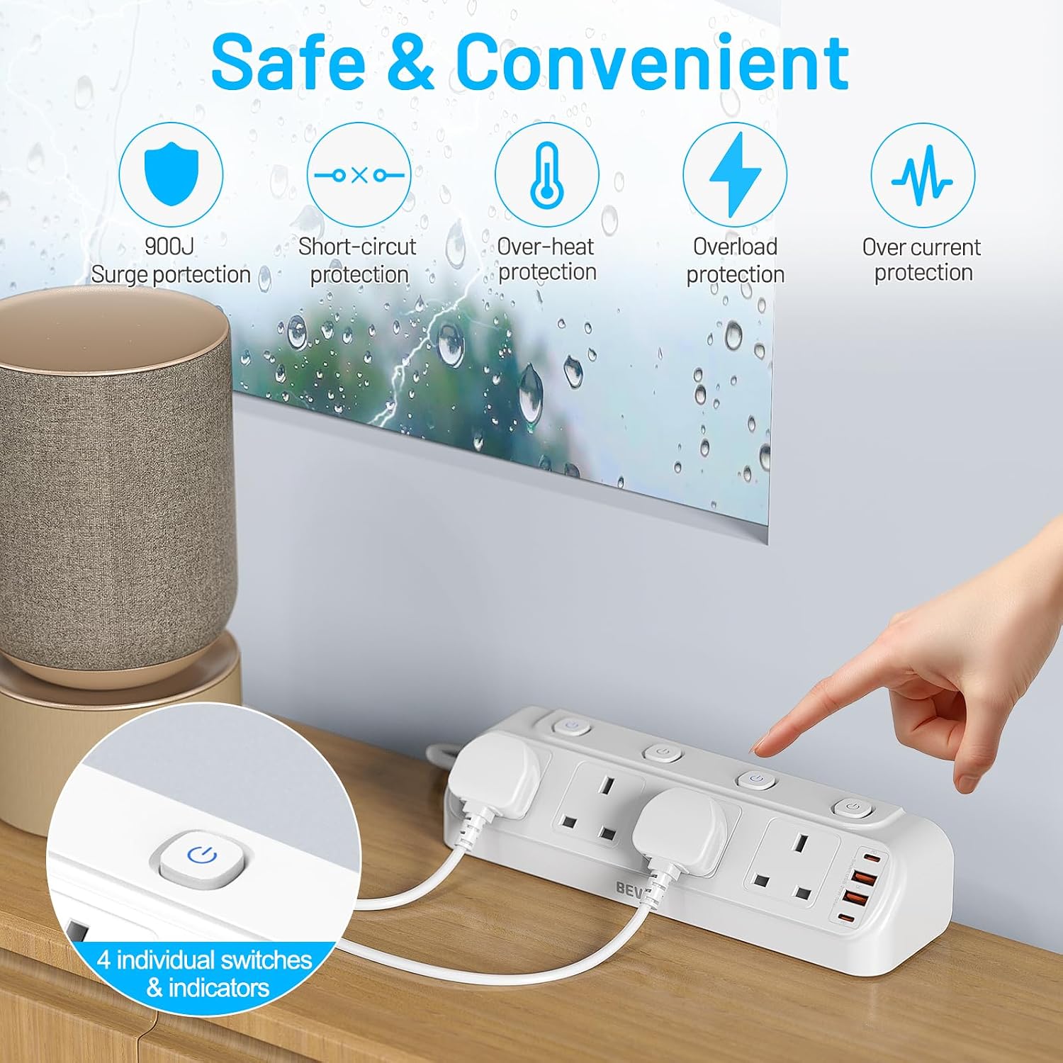 Detalle de BEVA 4-Way Desk Extension Lead with Surge Protection and 4 USB Ports (PD20W) – White, 1.8m