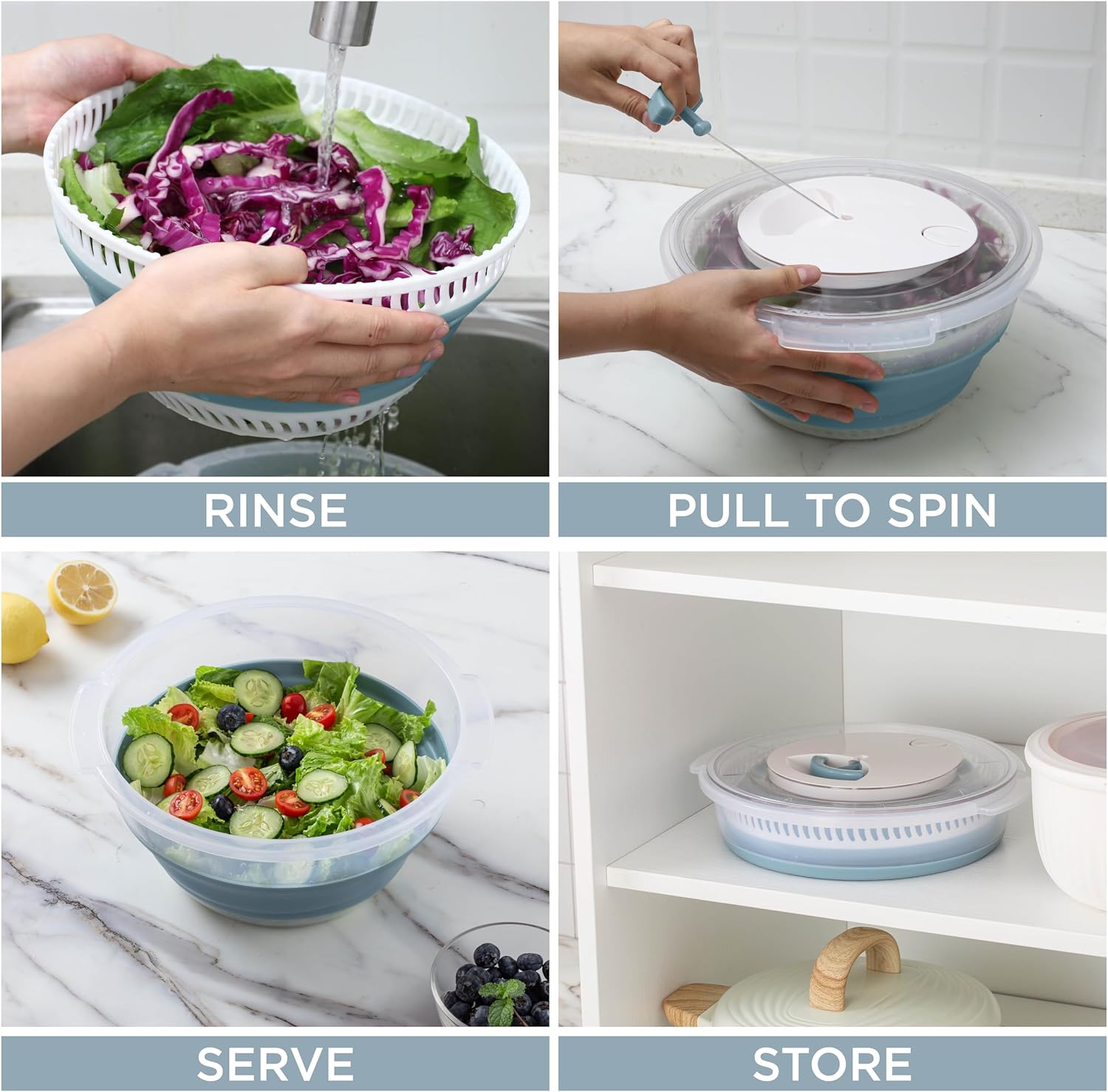 Detalle de COOK WITH COLOR Collapsible Salad Spinner – 4 Qt Space-Saving Lettuce Dryer with Folding Colander (Blue)