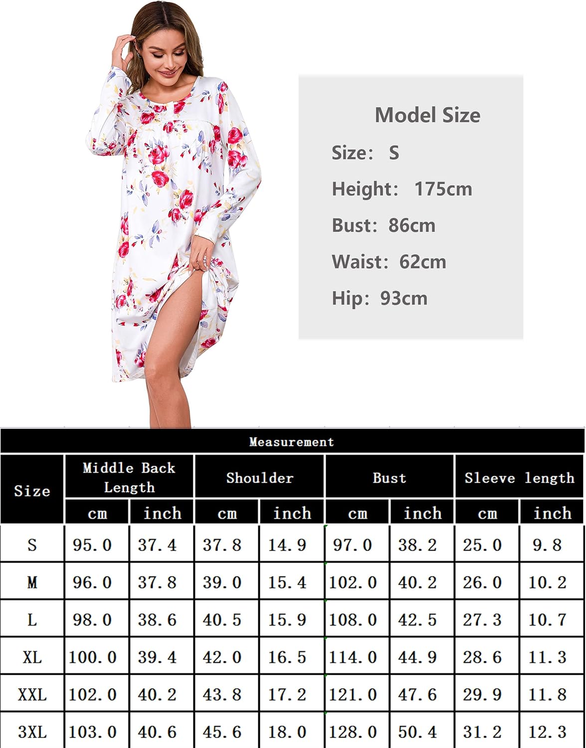 Detalle de Demegimi Women's Long Nightdress with V-Neck and Lace Trim – Cotton Winter Nightgown