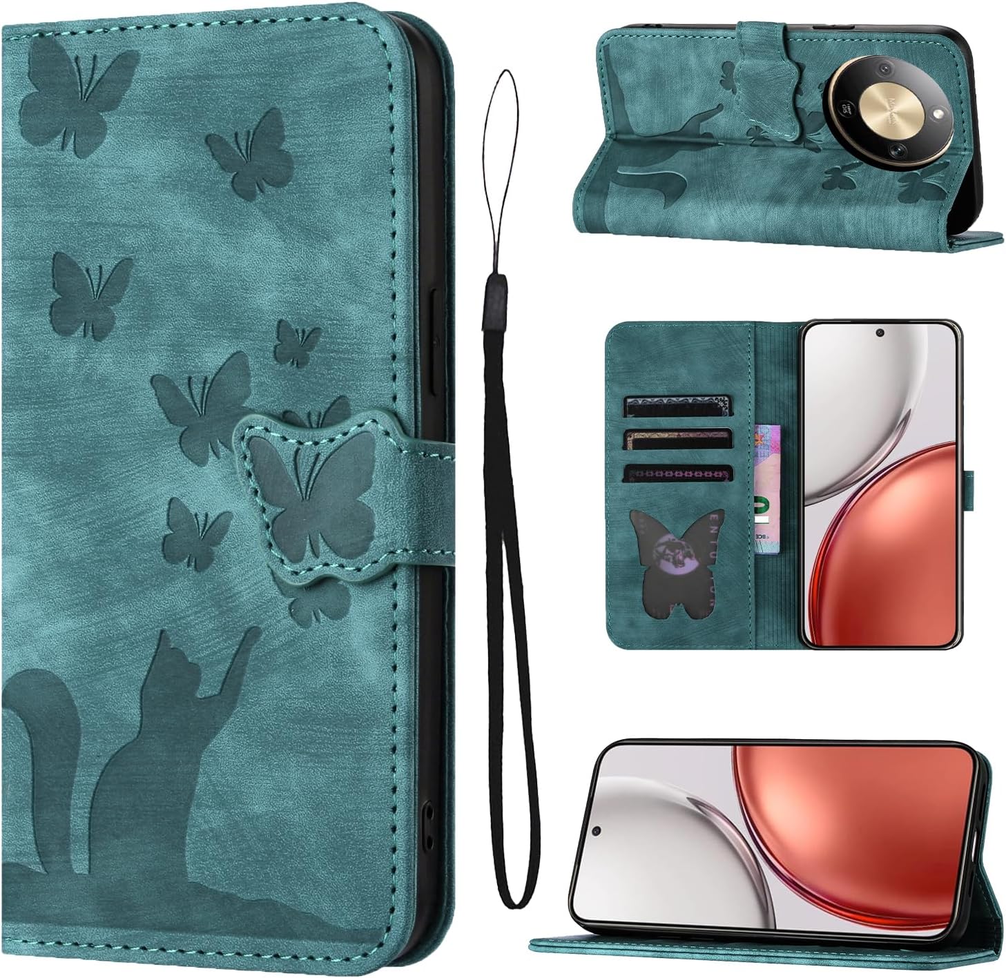Detalle de LSPCASA Custodia in Pelle PU Flip per Honor Magic8 Lite – Protezione 360° e Portafoglio Verde