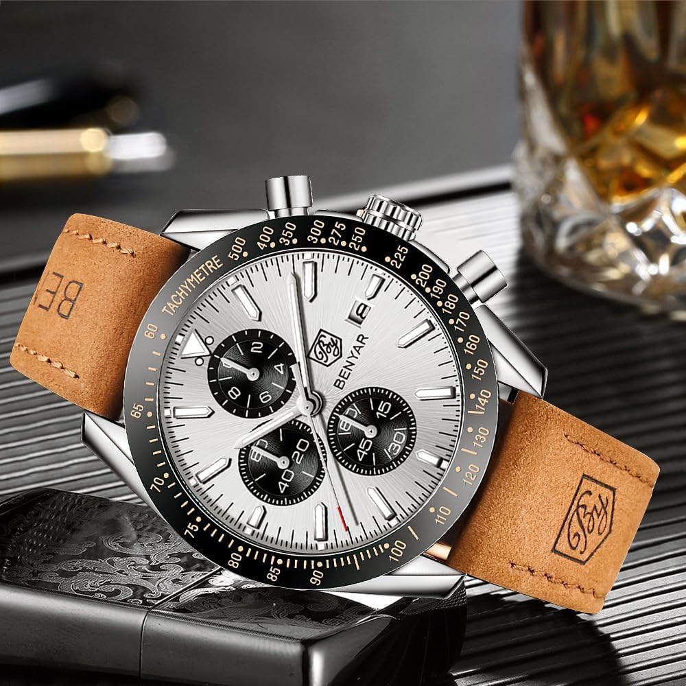 Detalle 2 de BENYAR Herrenuhr Analog Quartz Chronograph – 45 mm, Lederband, 30M Wasserdicht