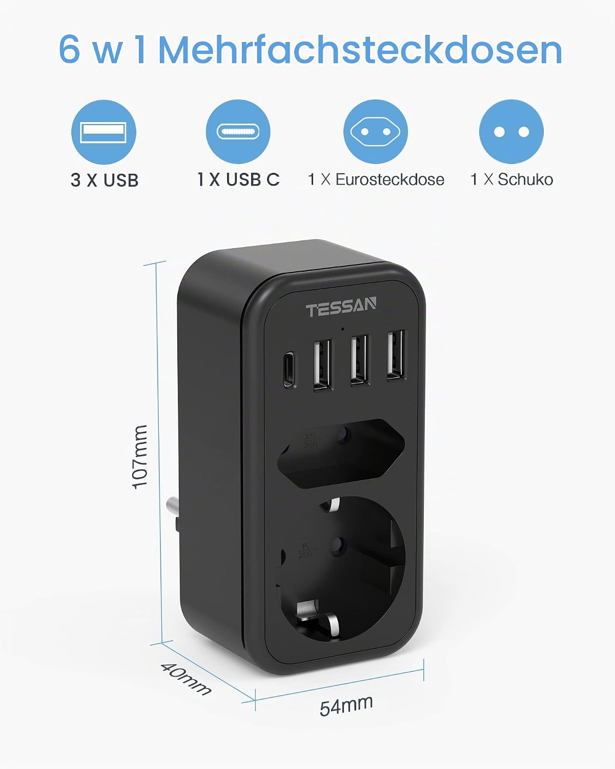 Thumbnail 1 de TESSAN 6 w 1 – rozgałęźnik gniazdka, 2 gniazda, 4 porty USB, 3600 W