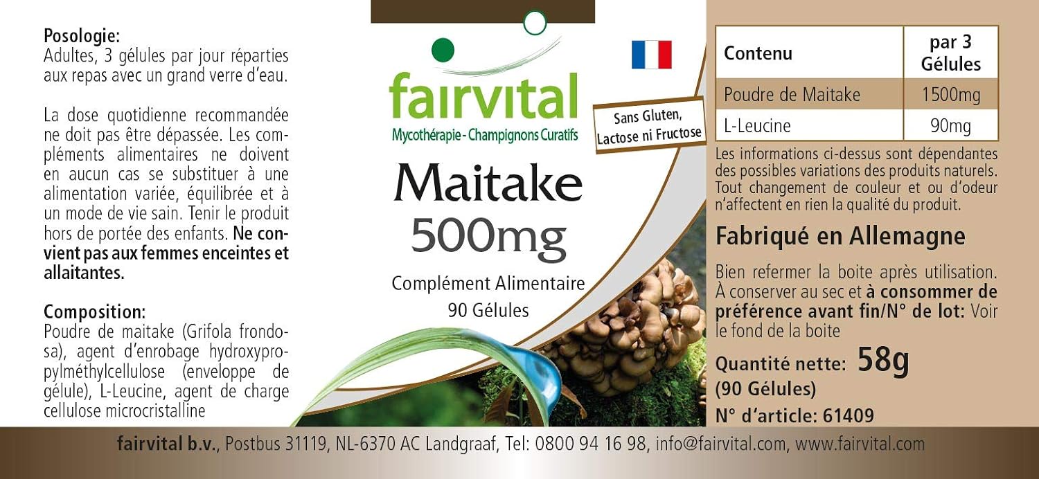 Detalle 2 de Fairvital Maitake 500 mg, 90 Kapseln – Hochdosiert, vegan, schluckfreundlich