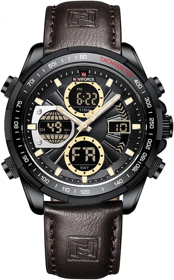 Detalle de Naviforce Herren Militär Digitaluhr – Multifunktionale Quarzuhr mit Lederarmband