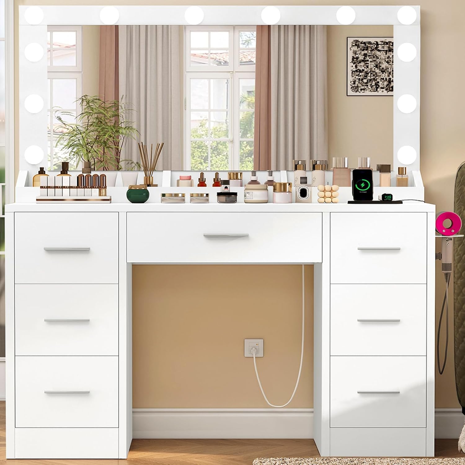 Detalle de TEENFON ENSTA020WDN-ZF Dressing Table with LED Mirror, 7 Drawers and Charging Station