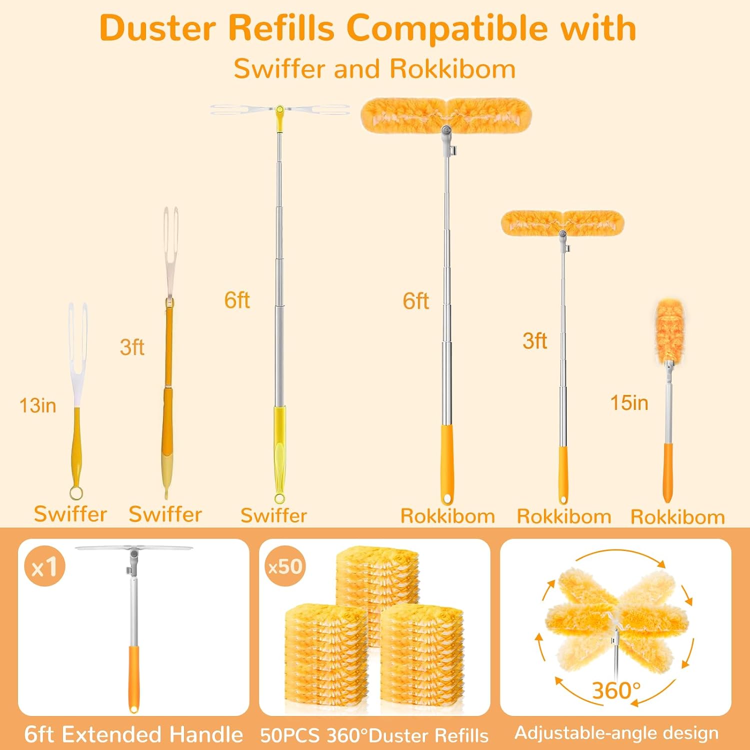 Thumbnail 5 de 6 ft Heavy Duty Extendable Duster with 50 Refills for Swiffer Duster, 360° Dual-Head, Orange
