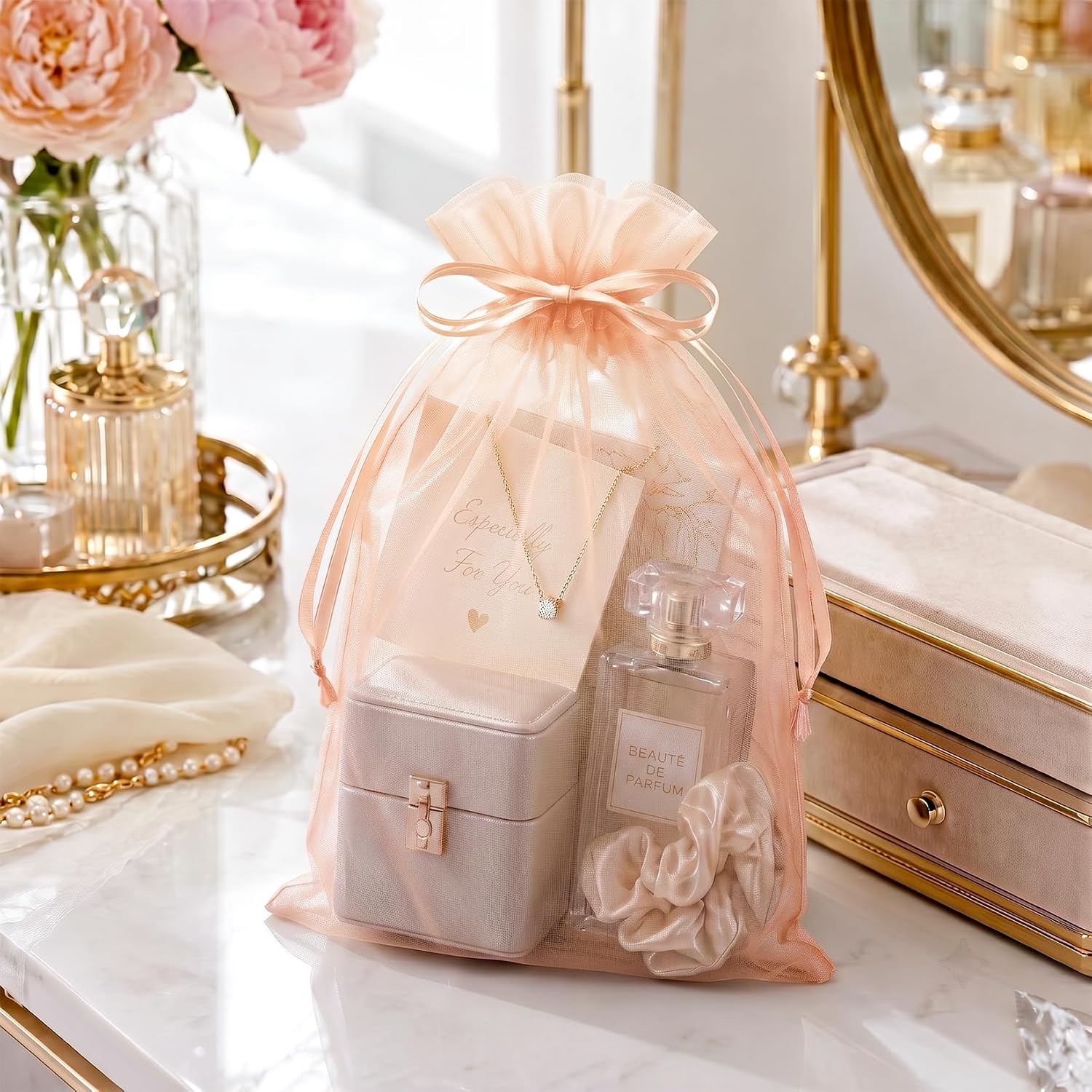 Thumbnail 5 de FUNFERY 100Pcs Peach Champagne Sheer Organza Bags 5x7 in