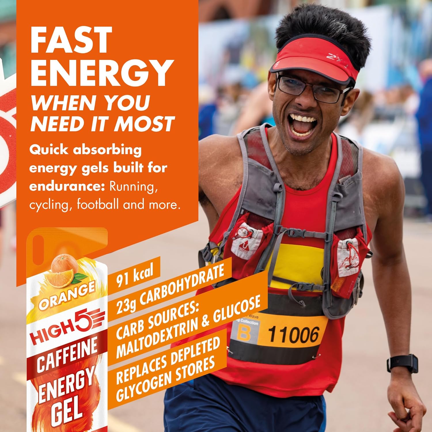 Thumbnail 1 de HIGH5 Caffeine Gels Running – Endurance Energy Gel (Orange) 20 x 40g