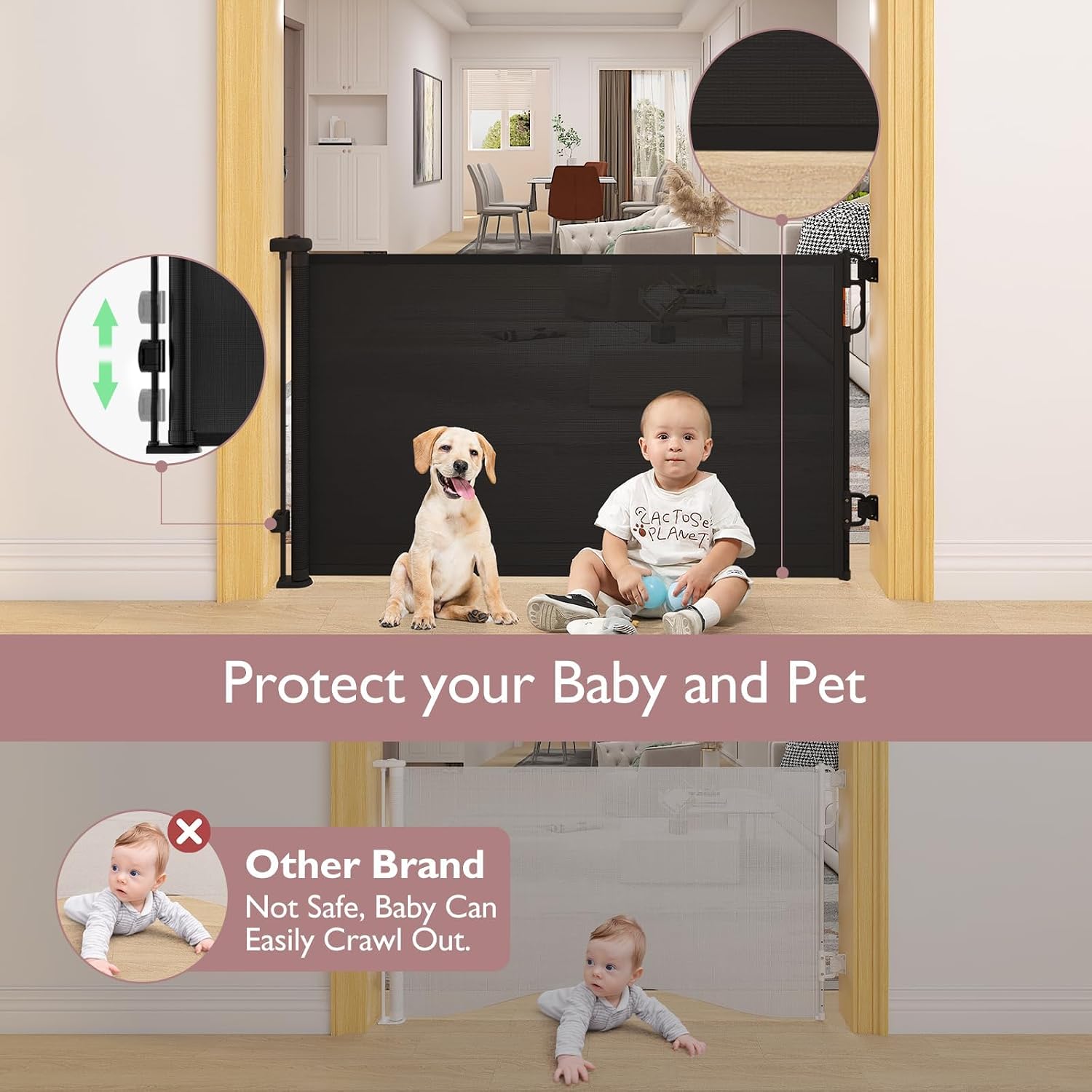 Thumbnail 2 de Retractable Baby Gate by Momcozy — 33" High, Extends to 55" Wide Mesh Gate for Doorways, Stairs and Hallways