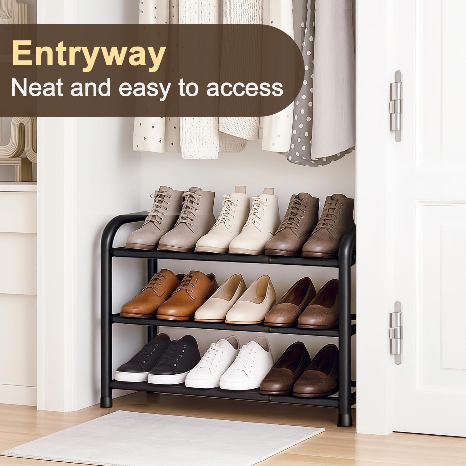 Thumbnail 2 de MIKVOYO 3-Tier Extendable Shoe Rack – Black Metal, Adjustable to Suit Small Spaces