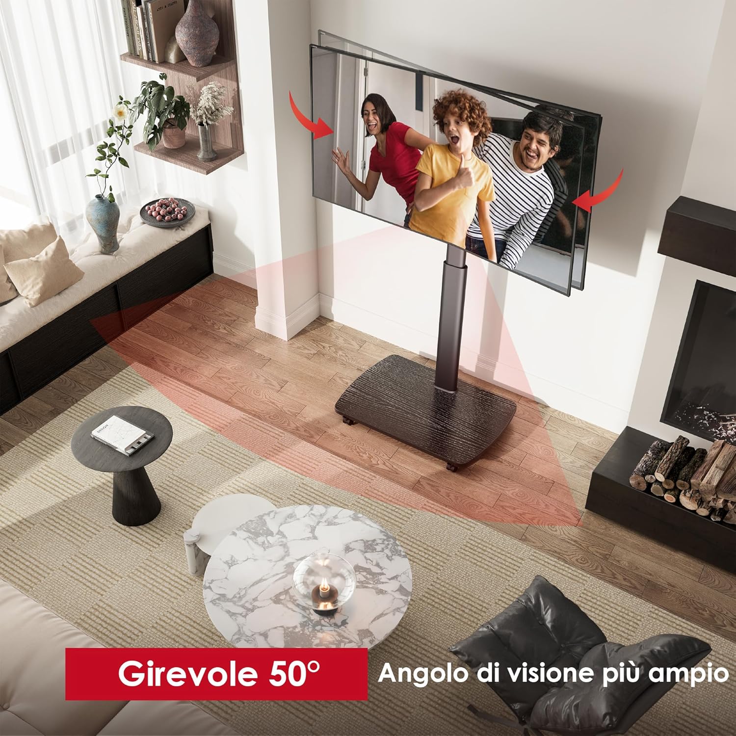 Detalle de AOKCOS Carrello Porta TV con Ruote per 43-75 pollici: supporto da pavimento regolabile, girevole e inclinabile, con base in legno