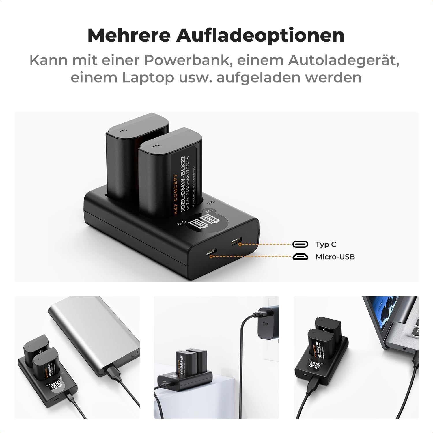 Detalle 2 de K&F CONCEPT DMW-BLK22 Akku 2er-Pack (2400 mAh) + LCD Dual-Slot-Ladegerät für Panasonic Lumix