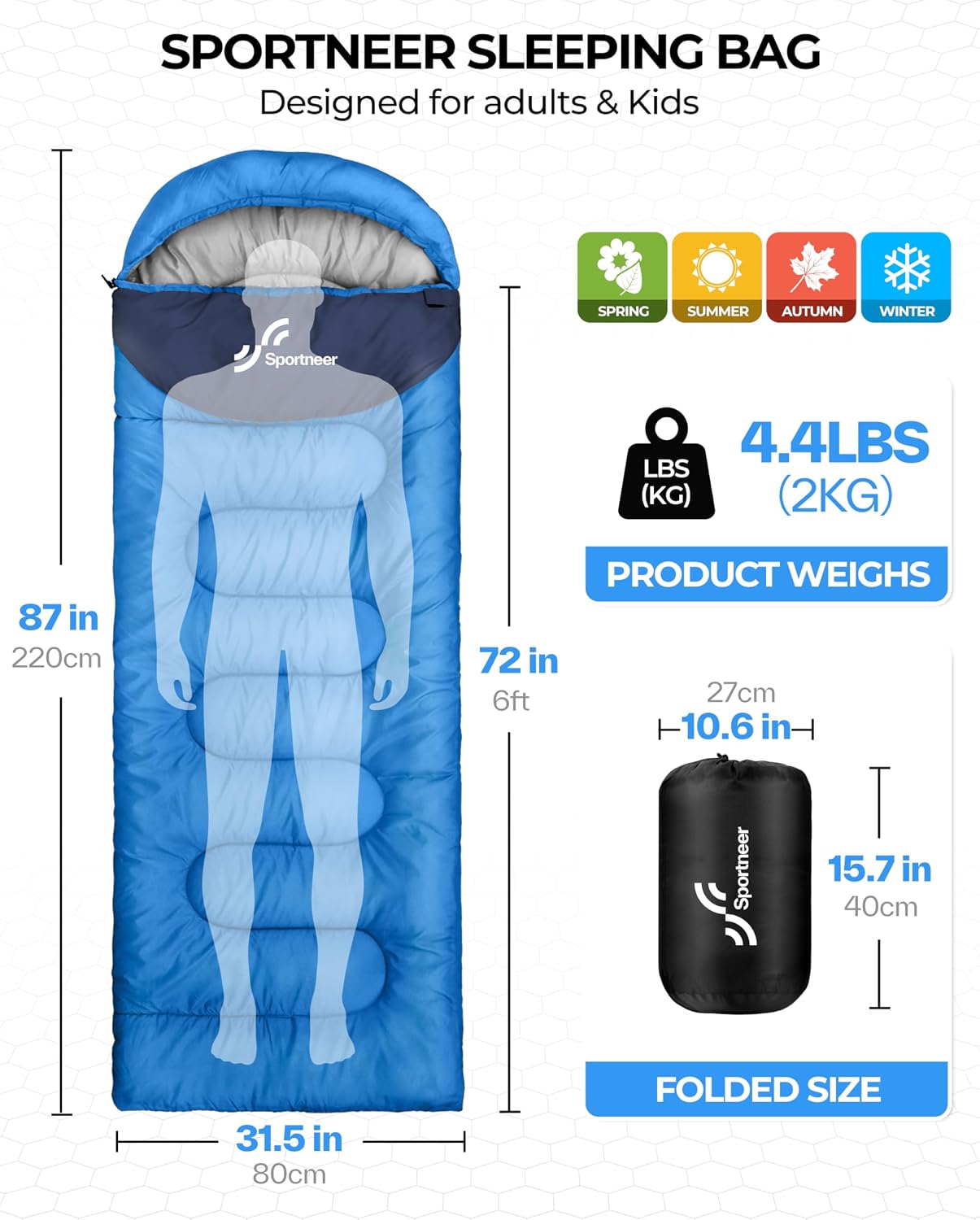 Detalle de Sportneer 3-Season Sleeping Bag with Compression Sack, Two-Way Zipper