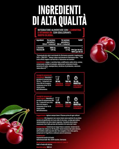 Detalle de L-Carnitina 6000 Liquid 1000 ml di GEN German Elite Nutrition – Cherry Madness, vegano e ad alto dosaggio