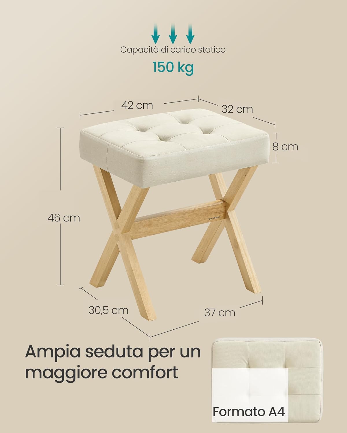 Thumbnail 1 de SONGMICS Sgabello da trucco imbottito LSF006LF02 in legno, poggiapiedi da toeletta beige sabbia/naturale
