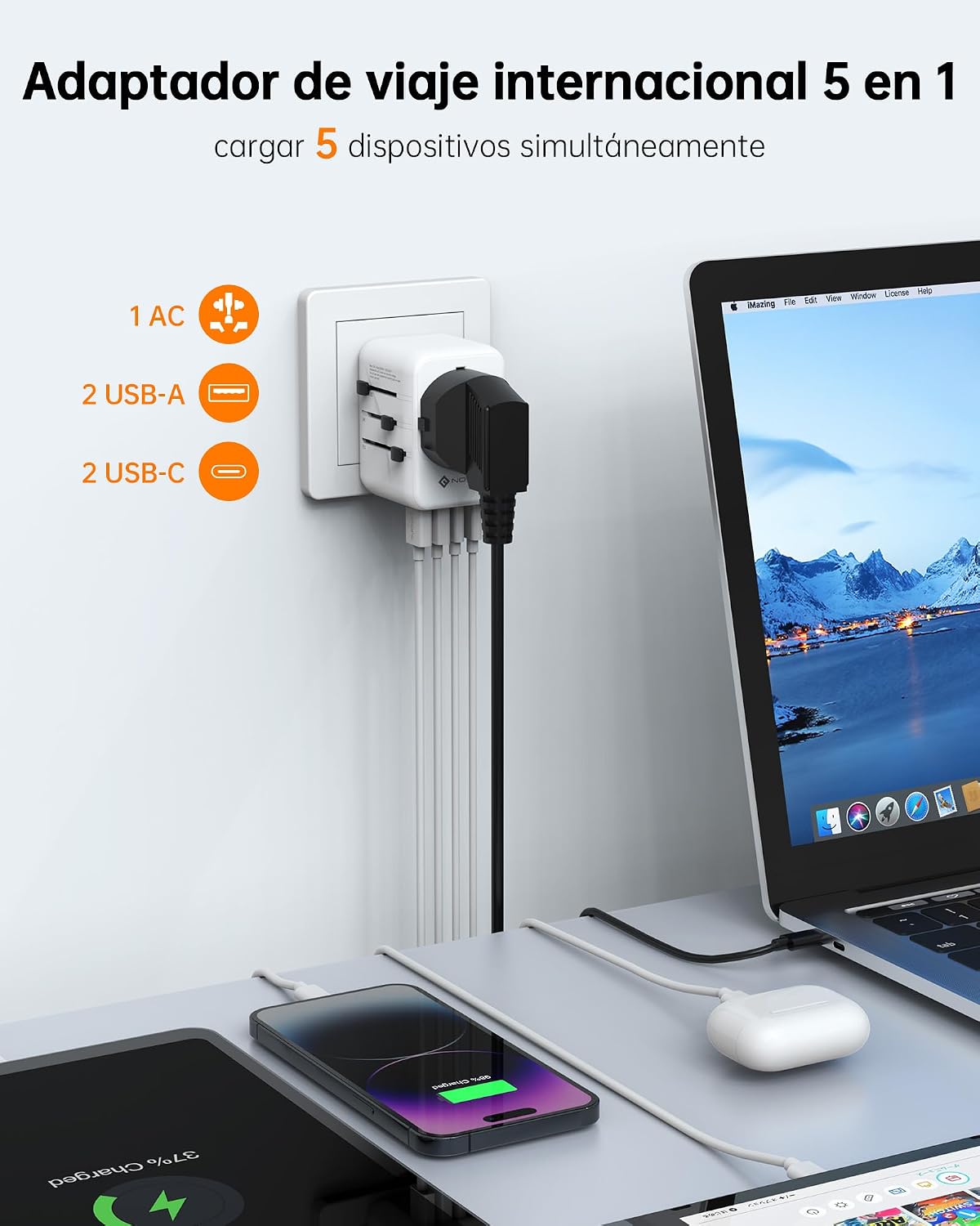 Detalle de NOVOO Adaptador Universal de Viaje con USB-C y USB 🔌