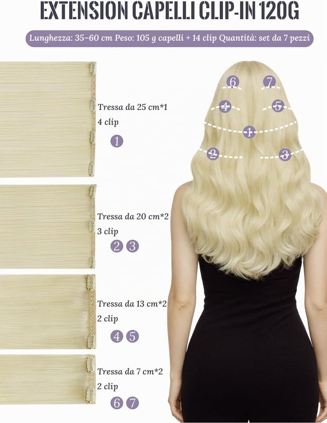 Thumbnail 1 de Fshine Extension Clip Capelli Veri 35.5 cm | 7 pezzi, 120 g, Bionda Bianca – Estensione Naturale con Clip