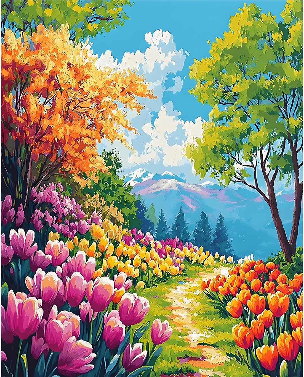 Detalle de Cytheron Paint by Numbers for Adults: Tulip Garden Mountain Landscape 16 x 20 Inch