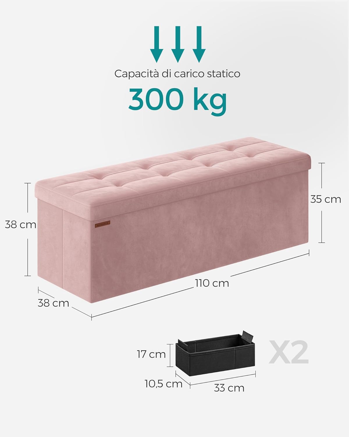 Thumbnail 2 de SONGMICS LSF277R01 Cassapanca Pouf contenitore pieghevole rosa pastello 38 x 110 x 38 cm