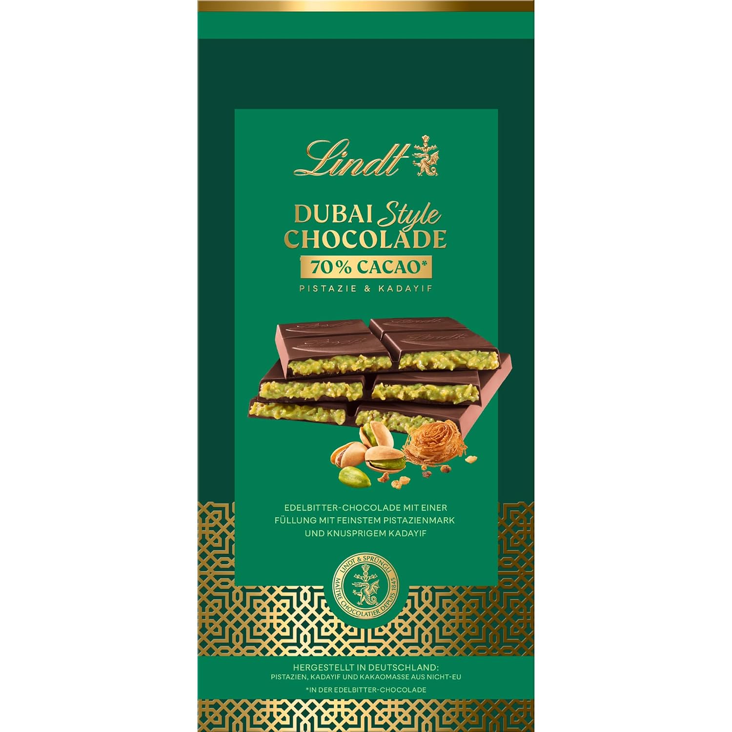 Detalle de Lindt Dubai Style Weiß Schokolade – Pistaziencreme mit Kadayif, 149 g