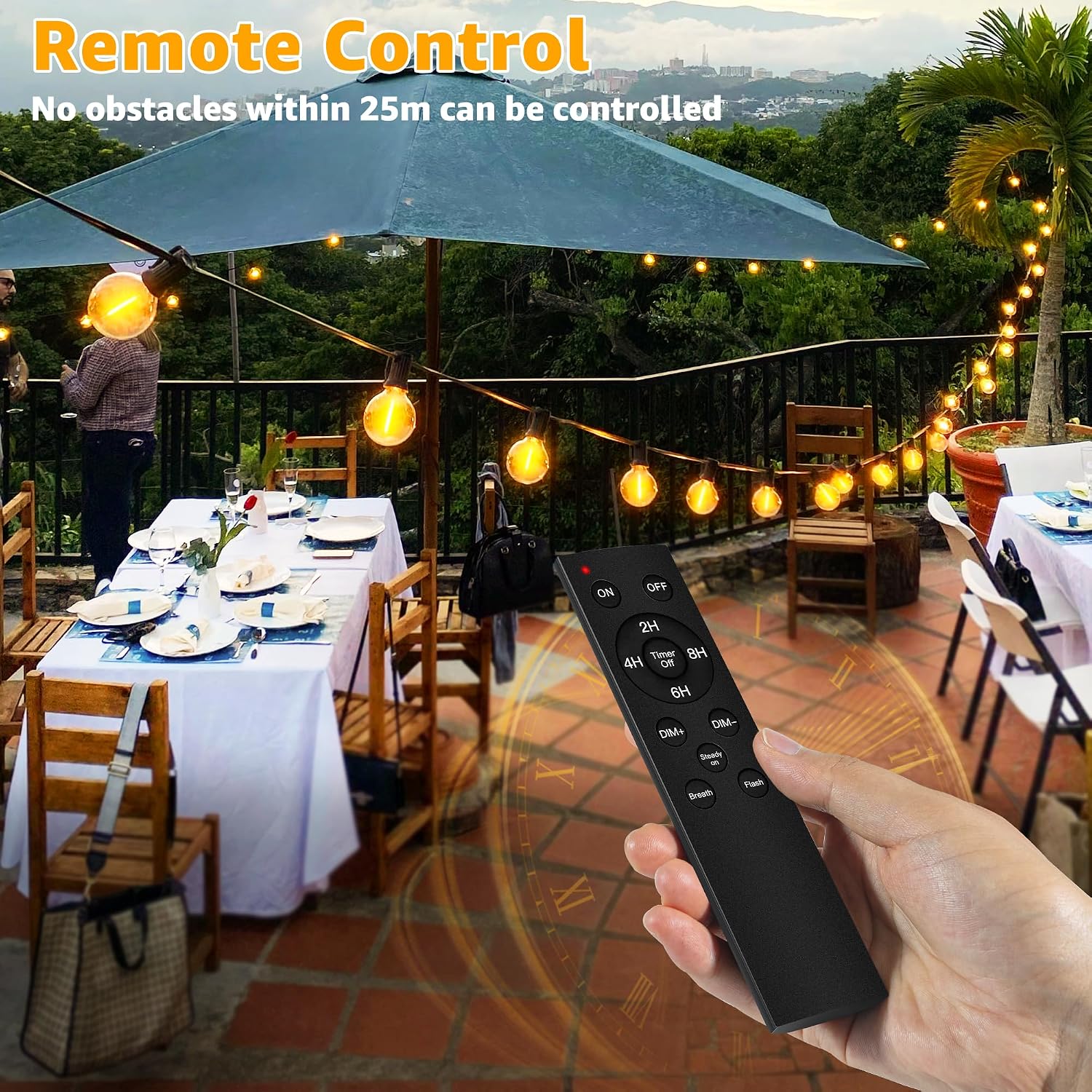 Detalle de Ollny Festoon Lights Outdoor 10m mains string lights with RF remote, timer and shatterproof G40 bulbs